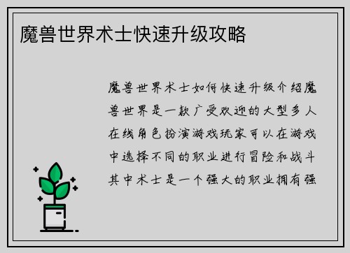 魔兽世界术士快速升级攻略